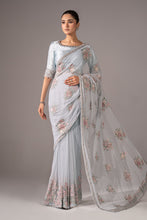 Load image into Gallery viewer, Blue Embroidered Chiffon Saree for Women