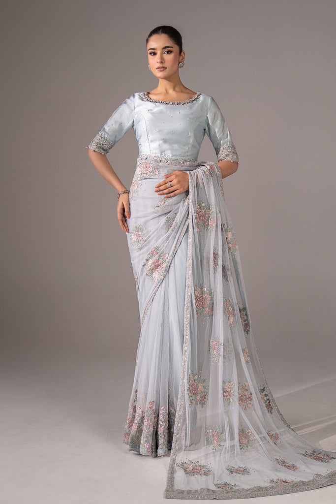 Blue Embroidered Chiffon Saree for Women