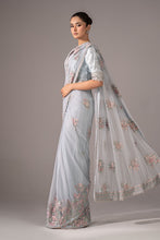 Load image into Gallery viewer, Blue Embroidered Chiffon Saree for Women