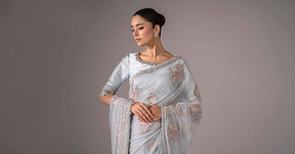 Blue Embroidered Chiffon Saree for Women
