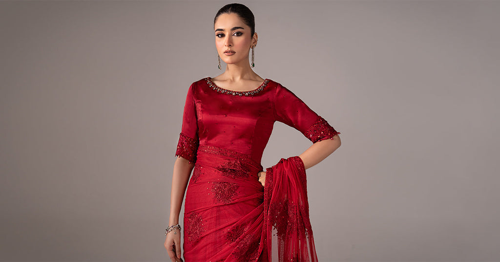 Maria.B Embroidered Chiffon Saree – Red