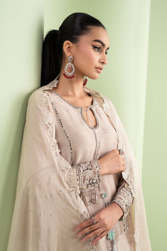3 Piece Embroidered Raw Silk Sharara Suit - Beige