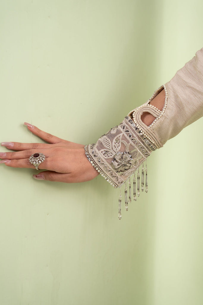 3 Piece Embroidered Raw Silk Sharara Suit - Beige