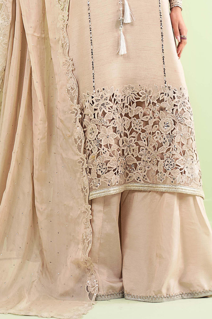3 Piece Embroidered Raw Silk Sharara Suit - Beige