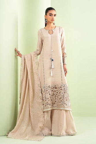 3 Piece Embroidered Raw Silk Sharara Suit - Beige