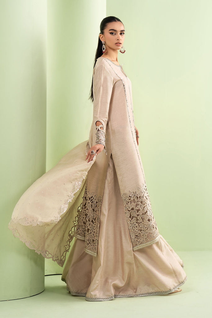 3 Piece Embroidered Raw Silk Sharara Suit - Beige