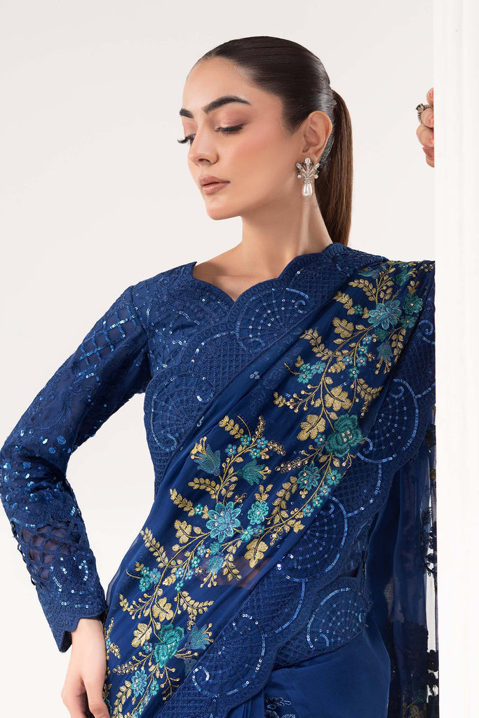 Embroidered Chiffon Saree with Organza Blouse – Blue
