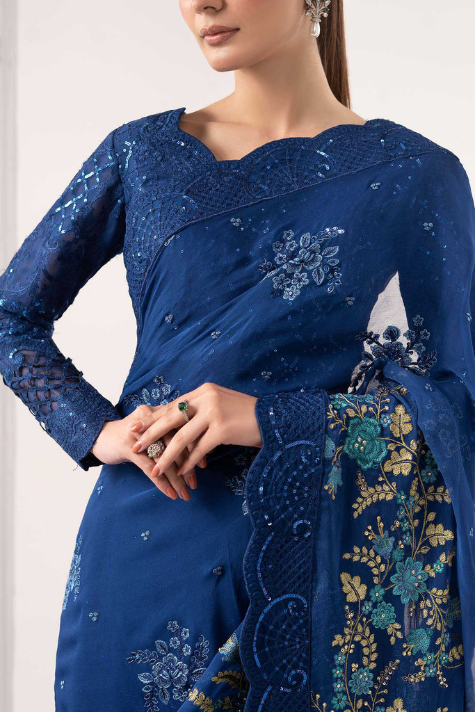 Embroidered Chiffon Saree with Organza Blouse – Blue