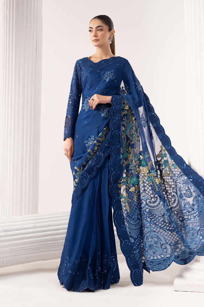 Embroidered Chiffon Saree with Organza Blouse – Blue