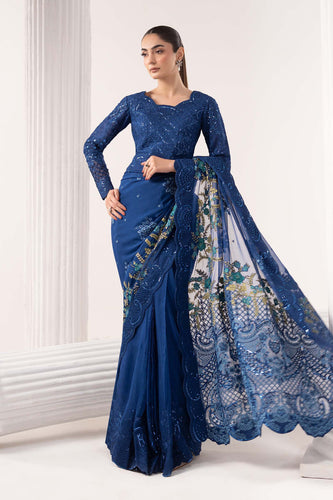 Embroidered Chiffon Saree with Organza Blouse – Blue