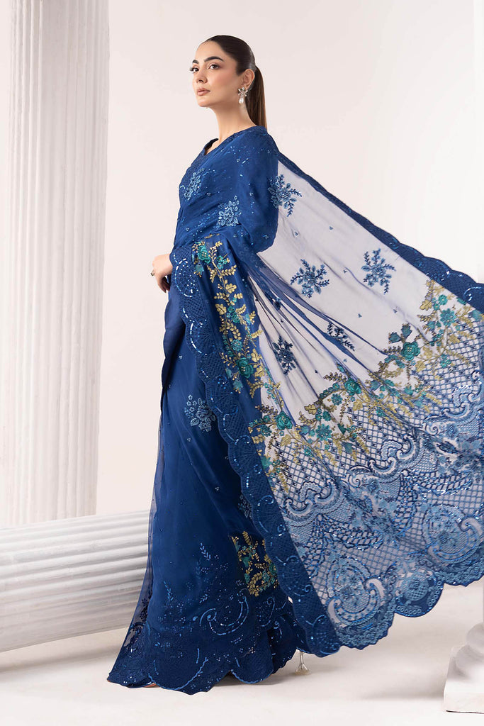 Embroidered Chiffon Saree with Organza Blouse – Blue