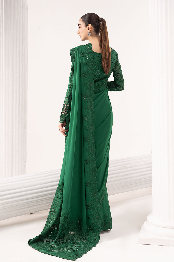 Embroidered Chiffon Saree with Blouse and Petticoat - Green