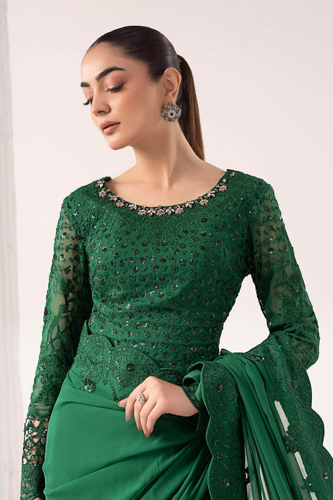 Embroidered Chiffon Saree with Blouse and Petticoat - Green