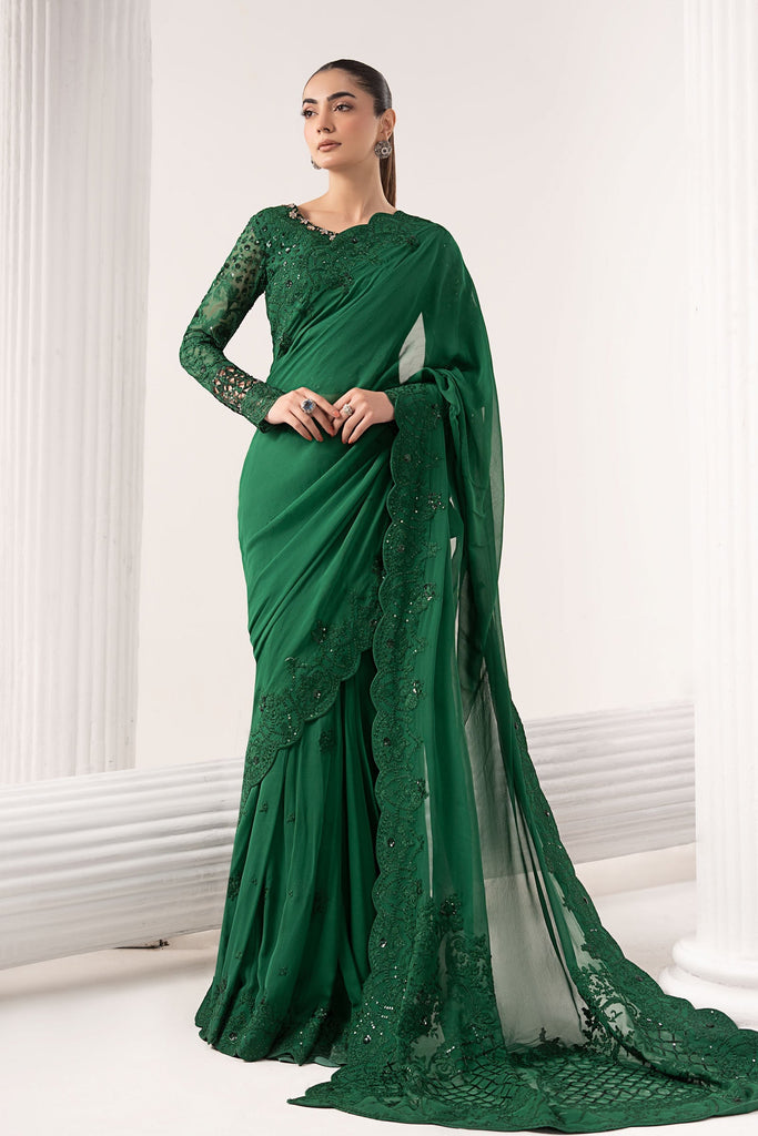 Embroidered Chiffon Saree with Blouse and Petticoat - Green