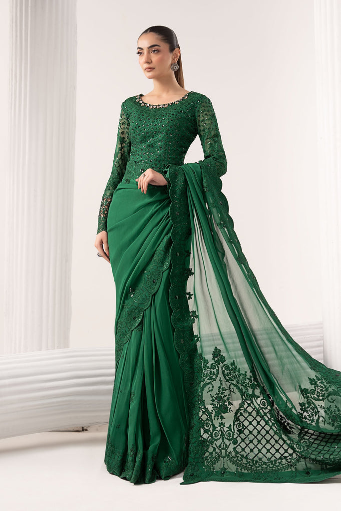 Embroidered Chiffon Saree with Blouse and Petticoat - Green