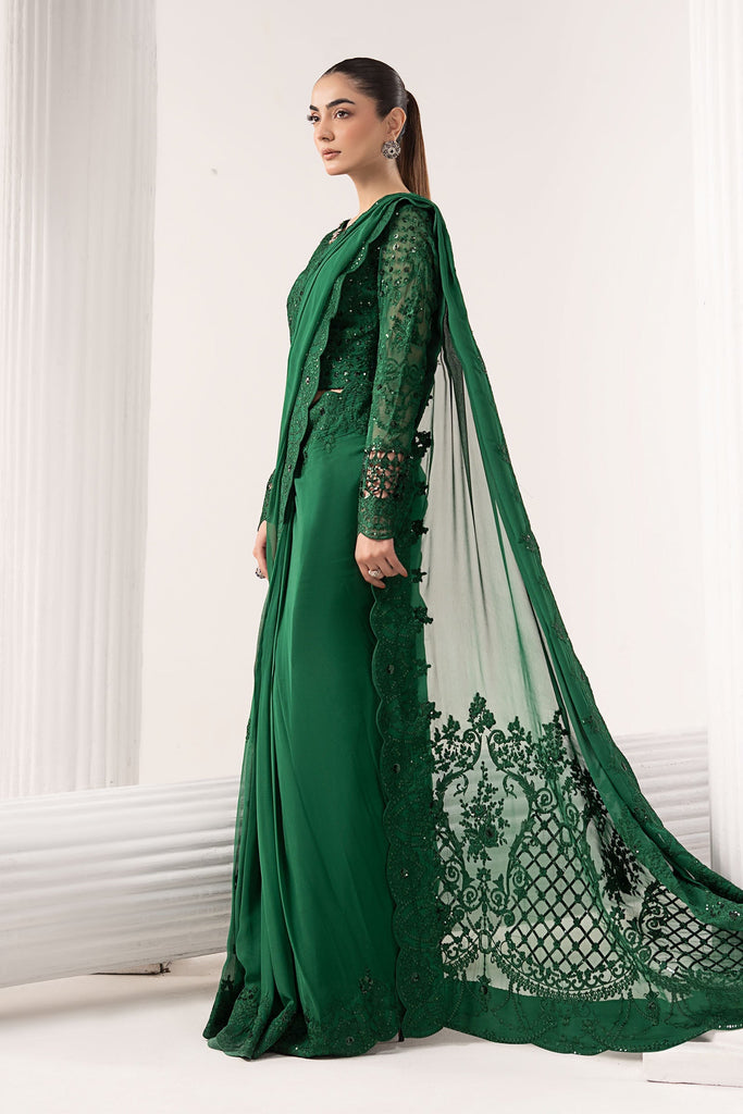 Embroidered Chiffon Saree with Blouse and Petticoat - Green