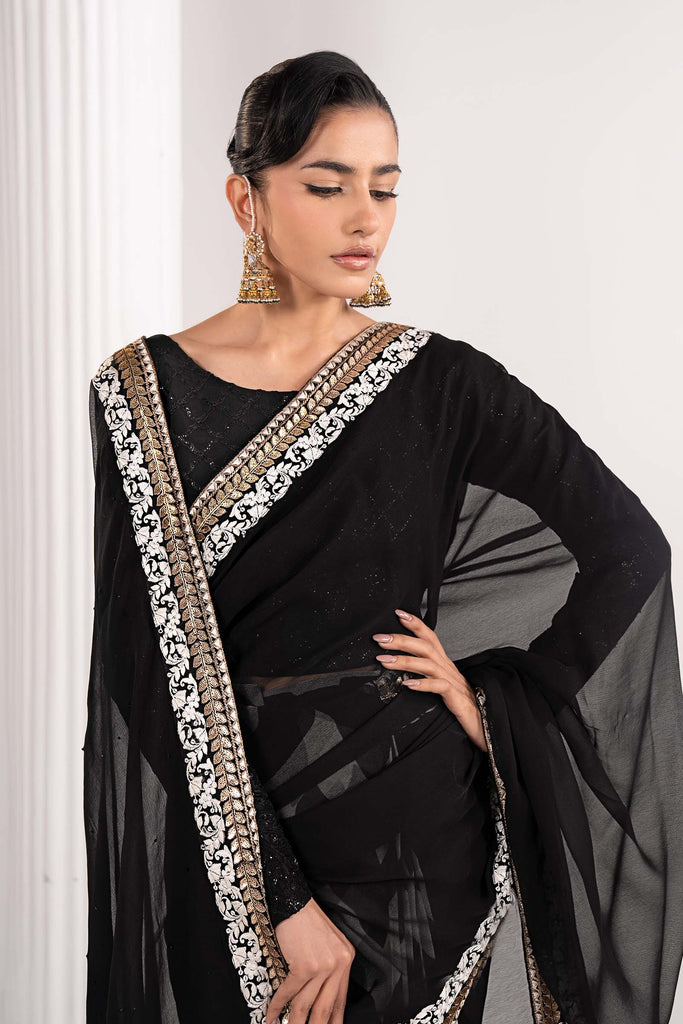 Black Embroidered Chiffon Saree with Petticoat