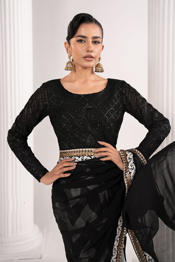 Black Embroidered Chiffon Saree with Petticoat