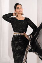 Load image into Gallery viewer, Black Embroidered Chiffon Saree with Petticoat