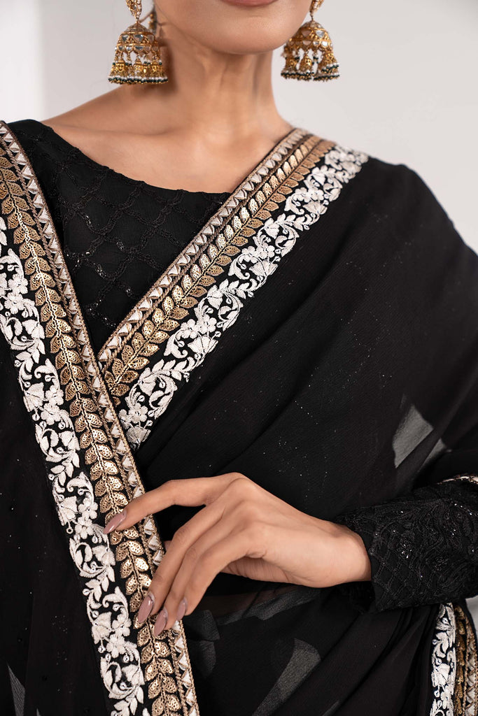 Black Embroidered Chiffon Saree with Petticoat