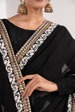 Load image into Gallery viewer, Black Embroidered Chiffon Saree with Petticoat