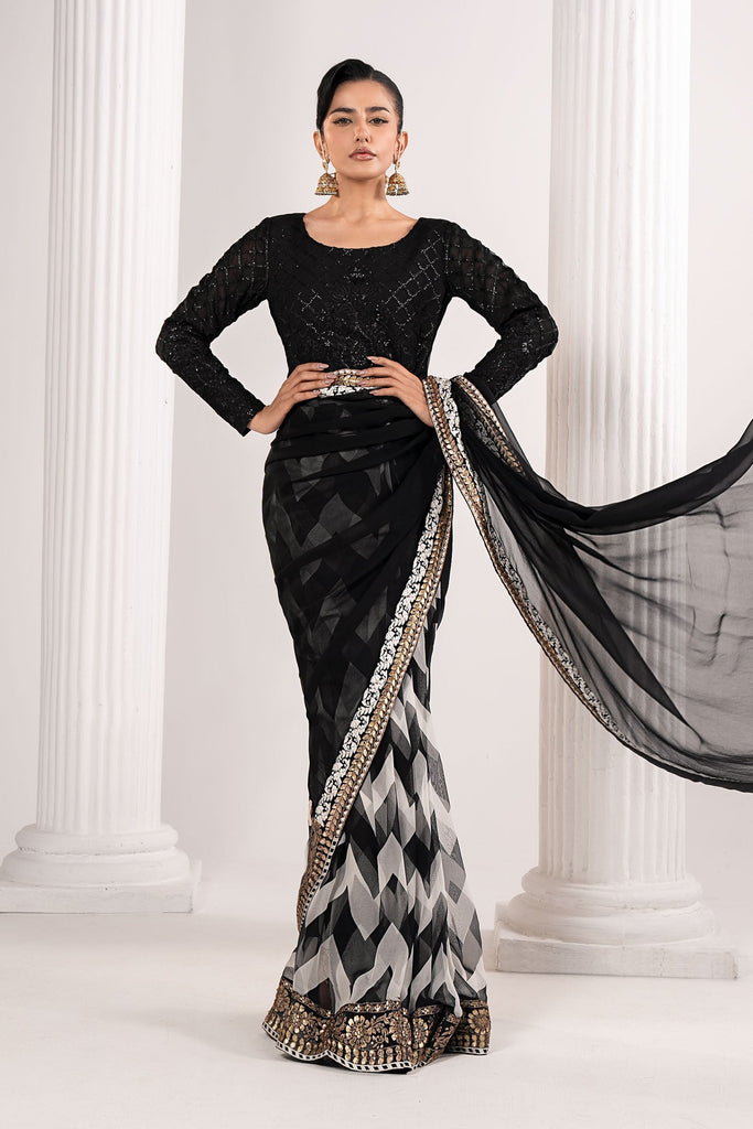 Black Embroidered Chiffon Saree with Petticoat
