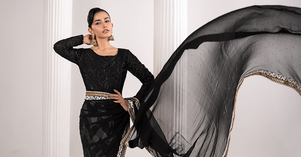 Black Embroidered Chiffon Saree with Petticoat