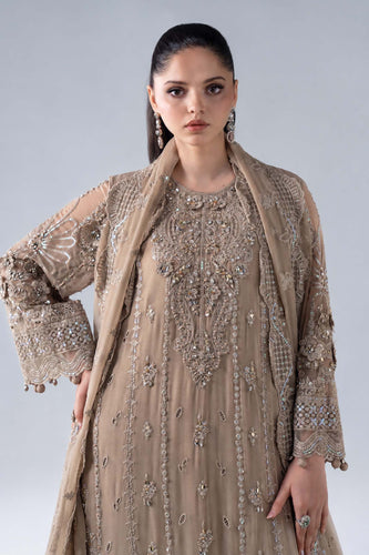 Coffee Brown 3 Piece Embroidered Chiffon Suit