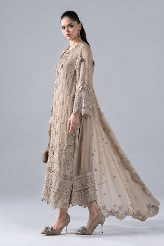 Coffee Brown 3 Piece Embroidered Chiffon Suit