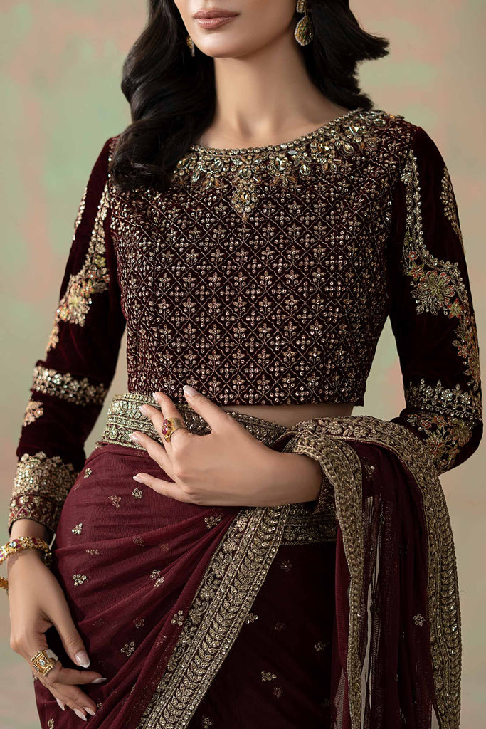 Maroon Embroidered Net Saree