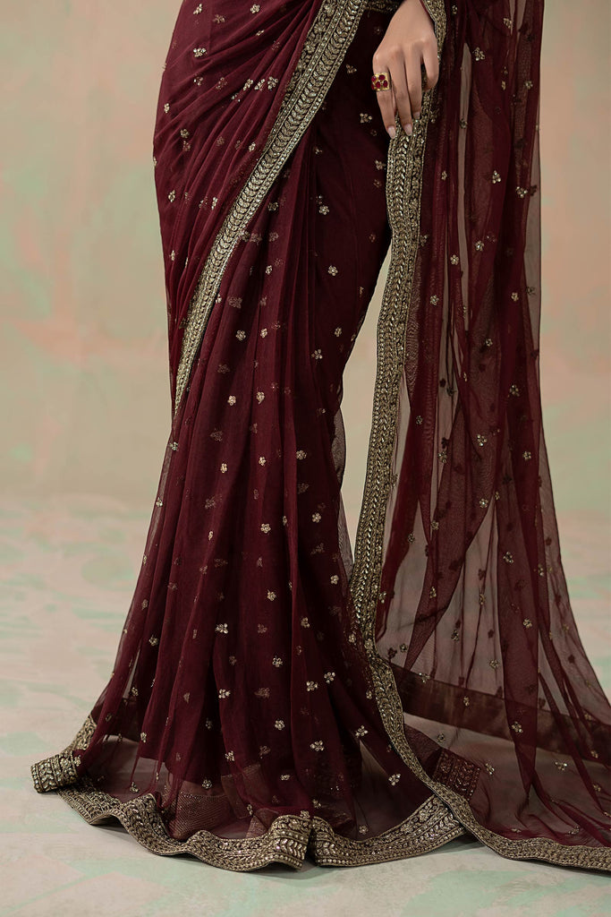 Maroon Embroidered Net Saree