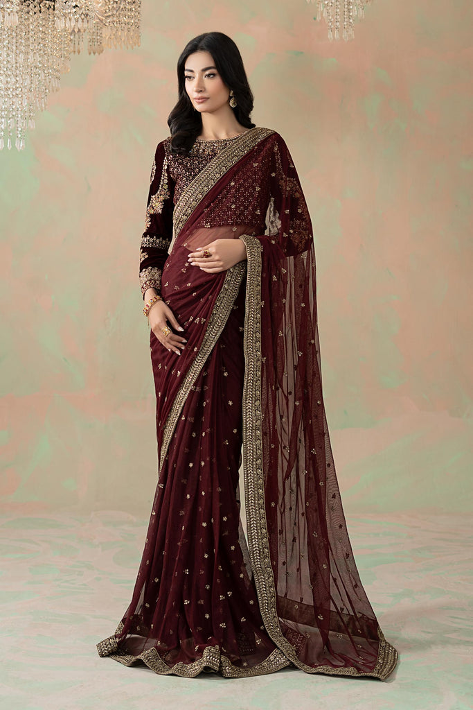 Maroon Embroidered Net Saree