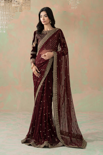 Maroon Embroidered Net Saree