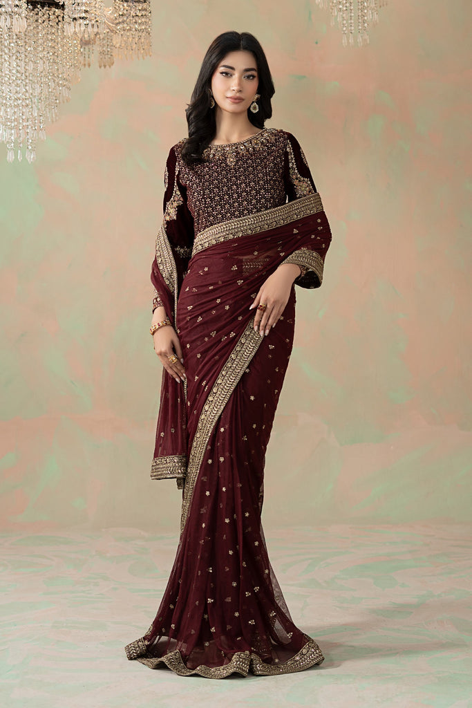 Maroon Embroidered Net Saree