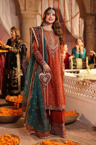Rust Raw Silk 3 Piece Embroidered Suit for Women