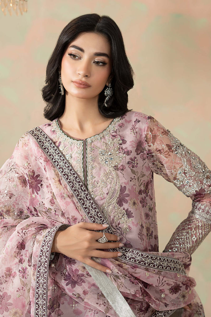 Lilac Purple Organza 3 Piece Embroidered Suit