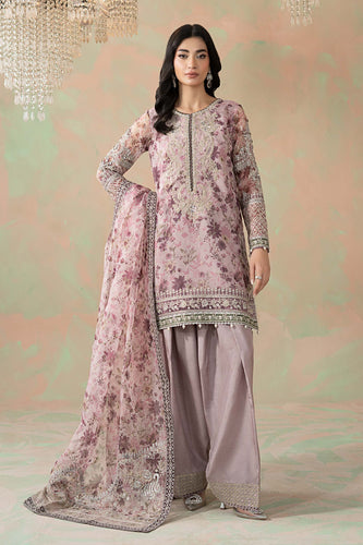 Lilac Purple Organza 3 Piece Embroidered Suit