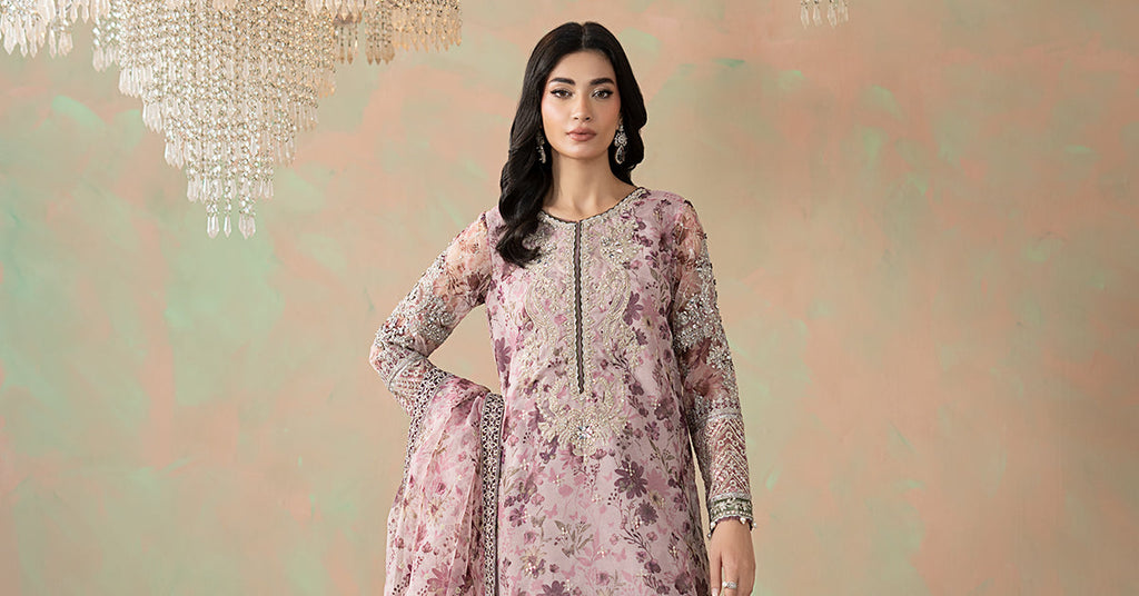 Lilac Purple Organza 3 Piece Embroidered Suit