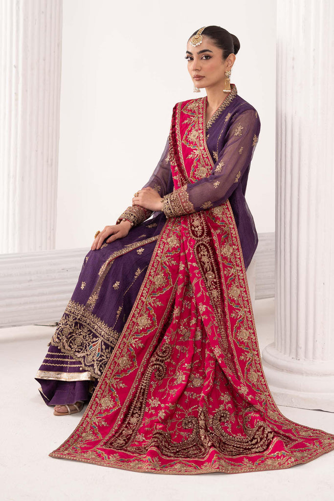 3 Piece Embroidered Zari Net Angrakha Suit – Purple