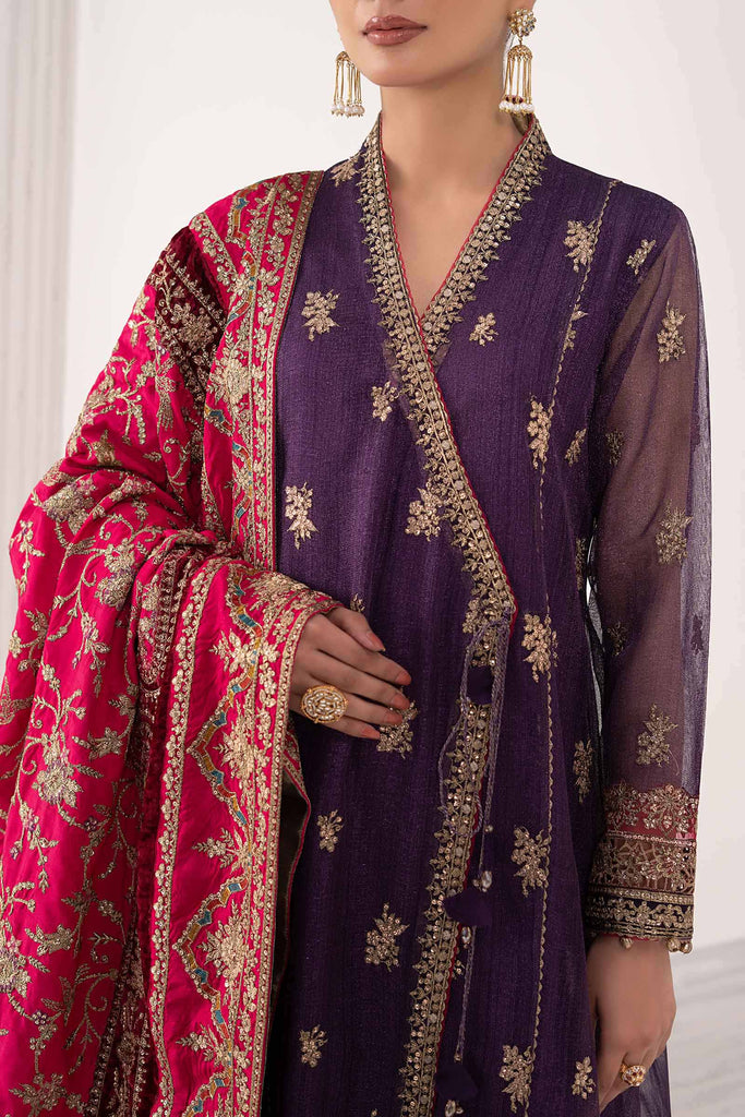 3 Piece Embroidered Zari Net Angrakha Suit – Purple