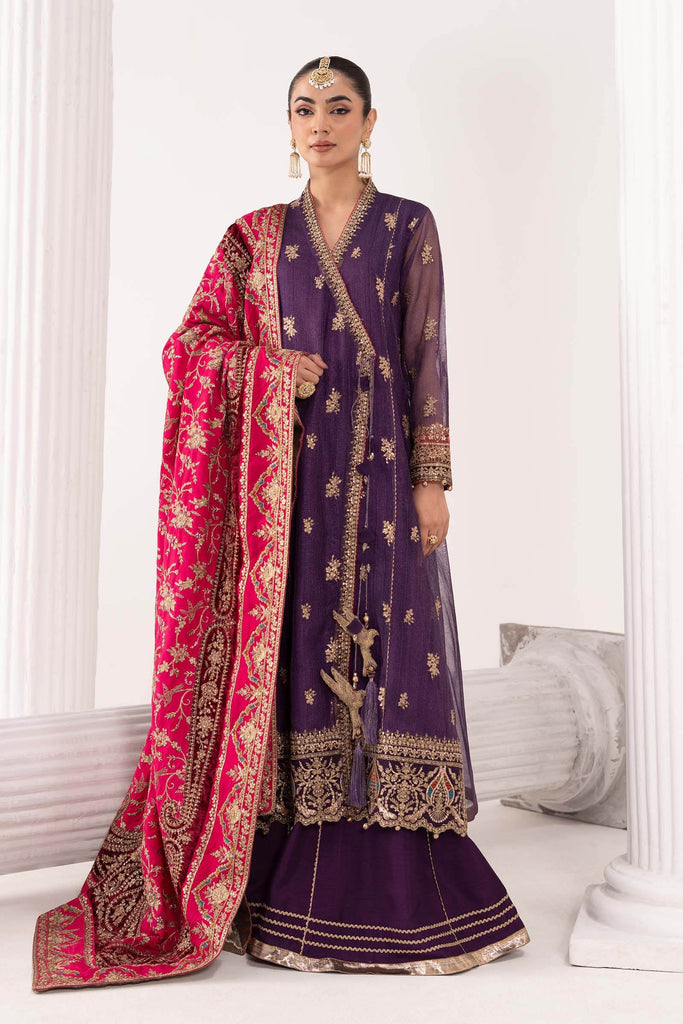 3 Piece Embroidered Zari Net Angrakha Suit – Purple