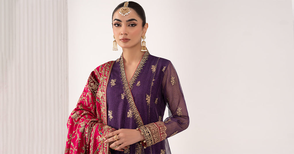 3 Piece Embroidered Zari Net Angrakha Suit – Purple