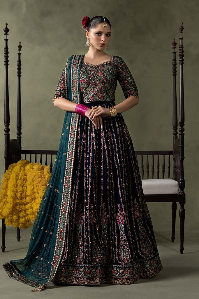 Teal Blue Velvet Lehenga Suit – 3 Piece