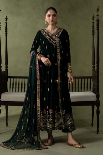 Green Velvet Embroidered Angrakha Suit – 3 Piece