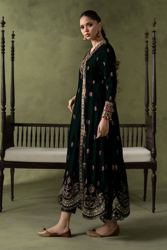Green Velvet Embroidered Angrakha Suit – 3 Piece