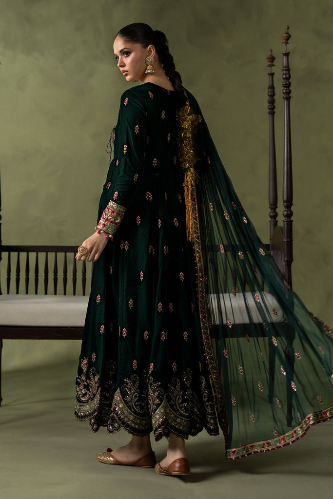 Green Velvet Embroidered Angrakha Suit – 3 Piece