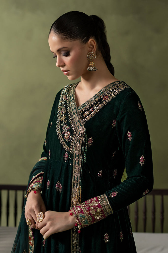 Green Velvet Embroidered Angrakha Suit – 3 Piece
