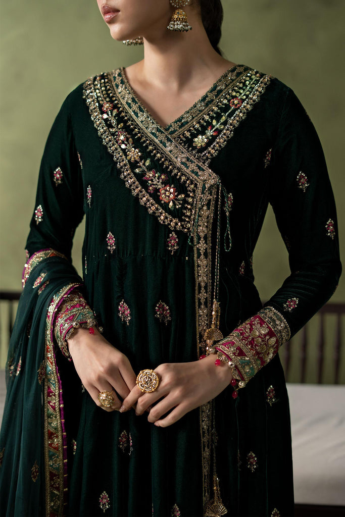 Green Velvet Embroidered Angrakha Suit – 3 Piece
