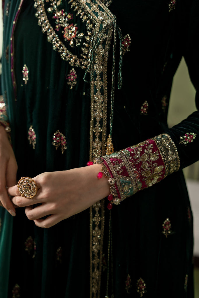Green Velvet Embroidered Angrakha Suit – 3 Piece