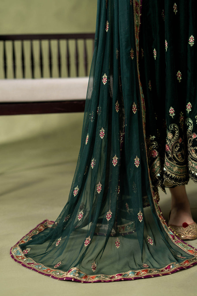 Green Velvet Embroidered Angrakha Suit – 3 Piece